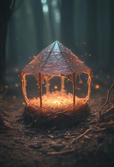 Glowing 3D hexagon shape in forest, depth of field, tiny little glowing ants around the shape