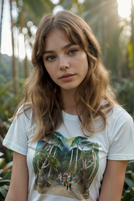 KristineFroseth, ((1970s t-shirt:1.5)), studio lighting, (closeup on upper body:1.3), (oiled shiny skin, tilted angle shot, 8k uhd, best quality, masterpiece, sharp focus:1.4), (lush rainforest backdrop:1.7), (slim, fit:1.3)