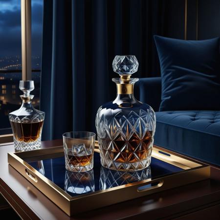 Ultra realistic full body color pencil drawn portrait of  
whisky .in a crystal carafe on a drinks tray in a luxurious penthouse apartment.
BREAK
Deep dark intense midnight blue  misty background,
Dark theme, dynamic lighting, (soft shadows), (soft focus),  (photo realistic), uhd, 8k