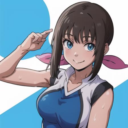 <lora:hanebado-05-v3:1>, h4n3b4d0, blue and white outfit, dark tied hair, ribbon, bangs, smile, sweat