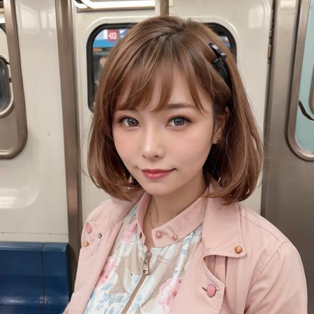A realistic image of a mio sitting on a New York subway at nighttime in the 1980s, taking a selfie. She has shoulder-length, light brown hair styled in a neat and slightly retro fashion. She has blue eyes, smiling, is wearing light makeup with pink eyeliner and is dressed in attire suitable for working at a restaurant, including a neat blouse and a casual jacket. Her facial expression shows a blend of excitement and focus. The background features a typical 1980s New York subway setting, with graffiti on the walls, worn seats, and a slightly gritty atmosphere. Two police officers are standing nearby, one leaning against the subway door and the other standing near a pole. The scene is darker, with dim lighting that captures the nighttime ambiance. The lighting and color tones emulate the style of photos taken with a Nikon FA camera, giving the image a nostalgic and authentic 1980s feel, (chromatic abberation, film grain:0.5), (looking at viewer), blurry background,(35mm, F/2.8) Photo Focus, DOF, Aperture, insanely detailed and intricate, character, hypermaximalist, hyper realistic, super detailed, diffused light:0.3, <lora:mio:0.7>
