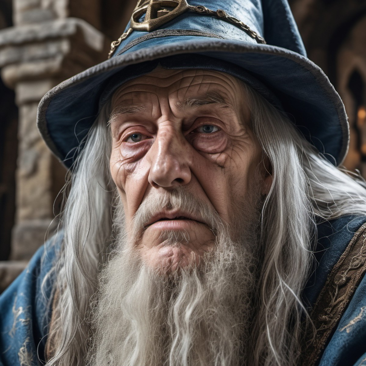 closeup of an 76 years old wizard in his castle, tired and exhausted by the world, 8k, uhd, realistic, detailed skin, insa...