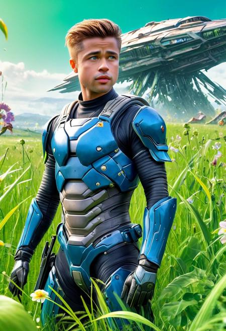 CoverArt, a beautiful gorgeous Young Brad Pitt as an Scifi RPG character in futuristic body armor, 
Break, 
as a background a huge spaceship (long abandoned) sunken into a rich green grassland, covered in plants, flowers, sharp focus, high detailed, realistic, day, colorful, blue sky, RPG Cover Art