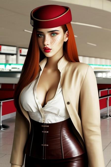 score_9, score_8_up, score_7_up, score_6_up, photo realistic, high quality photo, realistic, 1girl, solo,  18 years old, super long hair, ginger hair, perfect face, perfect eyes, sexy, sexy girl, beautiful green eyes, petite body, wide hips, perfect cute face, flat chest, perfect hands, blush, dynamic angle, Freckles, makeup, lipstick, eyeshadow, very beautiful, very cute, cute nose, heartbreaker, pout, front view, focus on breasts, easynegative, st3w4rd3ss, jacket, red headwear, pencil skirt, name tag, hourglass figure, corset, cleavage, large breasts, departure lounge