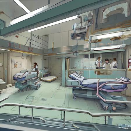 inside a hospital with hospital beds and nurses and doctors with medical equipment, a medical laboratory with scientists with advanced medical equipment in a clinic InkSketchColour1Subtle paintstyle3 (InkSketchColour1Subtle:0.9)