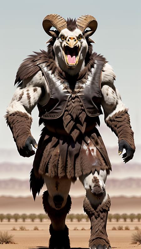 a detailed (full body) (from distance:1.2) photography of RamTrolloc with (eagle beak, open mouth:1.1), grey body. standing in empty desert. dirty fur, bloodied

 <lora:WoTMonRam:0.7>