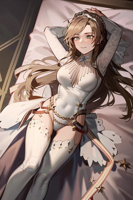 mlemk1brgfl, (masterpiece:1.3), best quality, high quality, absurdres, 1girl, solo, white leotard, bridal veil, bridal gauntlets, white thighhighs, braid, lying on back, (arms at sides), seductive smile, on bed, bed room, <lora:mlemk1gfl_v2e1:1>