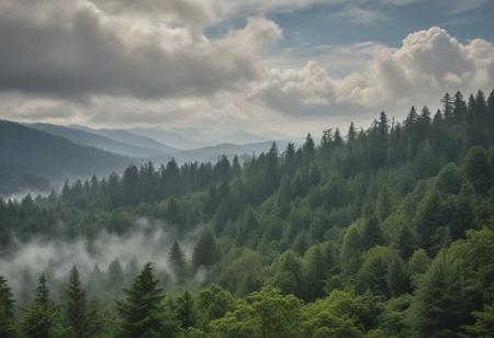 masterpiece, photorealistic, pacific northwest, rainforest, misty, hills, dense trees, cloudy sky, clouds, serene, peaceful, uninhabited