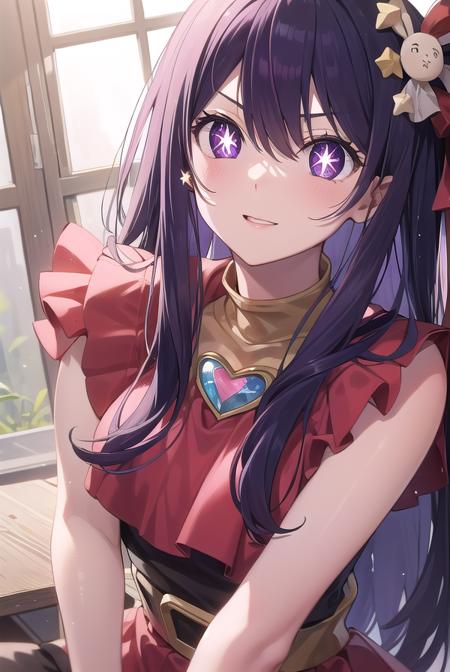 aihoshino, <lora:aihoshino-lora-nochekaiser:1>,
ai hoshino, hair between eyes, hair ornament, hair ribbon, long hair, one side up, (purple eyes:1.1), purple hair, rabbit hair ornament, (star-shaped pupils:1.5), symbol-shaped pupils,
BREAK belt, black belt, brooch, dress, pink dress, frilled dress, frilled gloves, frills, gloves, heart brooch, idol, idol clothes, jewelry, pink gloves, red ribbon, ribbon, turtleneck dress,
BREAK looking at viewer,
BREAK indoors,
BREAK <lyco:GoodHands-beta2:1>, (masterpiece:1.2), best quality, high resolution, unity 8k wallpaper, (illustration:0.8), (beautiful detailed eyes:1.6), extremely detailed face, perfect lighting, extremely detailed CG, (perfect hands, perfect anatomy),