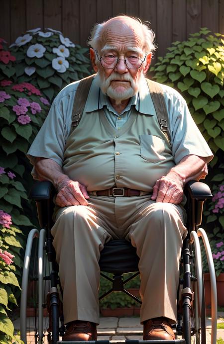 WholesomeGrandpas, award winning portrait photo, in a wheelchair in his garden, Key light, backlight, soft natural lighting, photography 1400 ISO film grain 100mm lens RAW aperture f1.4, highly detailed,  ((full body)), (analog photography:1.0), hdr colors