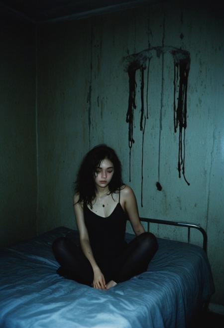 a dark lonely cold room, a thin girl sits hanging her shoulders on the bed, her dark hair dirty, a black stain in place of her face, dull tones, evening, contrasting shadows, dull cloudy sky, luminous blurred photo, grainy film effect, konica minolta zoom 60, blurred shapes, Diane Arbus photo style