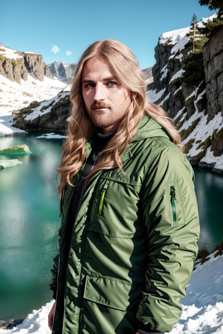 <lora:dnlrx_v1-000009:1> dnlrx, masterpiece, best cinematic quality, photorealistic highly detailed 8k raw photo, volumetric lighting, volumetric shadows, blond man in parka, dynamic pose, long hair, green eyes, frozen lakeside background