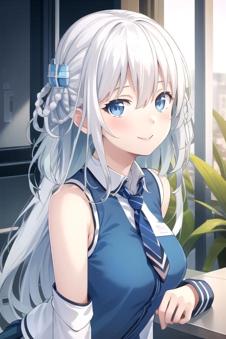 ((masterpiece)),(best quality),official art,extremely detailed CG,unity 8k wallpaper,ultra detailed,beautiful detailed eyes,extremely detailed face,1girl,solo,upper body,(portrait:1.2),facing viewer,looking at viewer,madobe tooko,smile,silver hair,long hair,hair ornament,twin braids,hair between eyes,blue eyes,employee uniform,sleeveless jacket,light blue jacket,white shirt,long sleeve shirt,light blue cuffs,short necktie,large breasts,blue skirt,miniskirt,pleated skirt,knee boots,white footwear,<lora:Madobe Tooko(win)>,