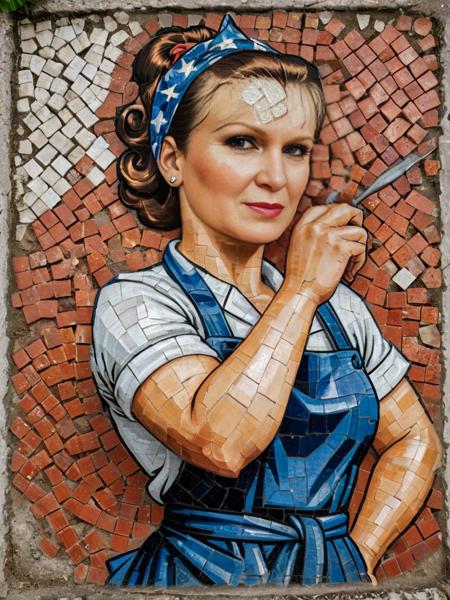 a portrait of Rosie the riveter, worn Roman mosaic, found in Pompeii posing on a scratchy surface, mosaic, smooth, (Sharp focus:1.44), Highly detailed, trending on Artstation, concept art, fantasy