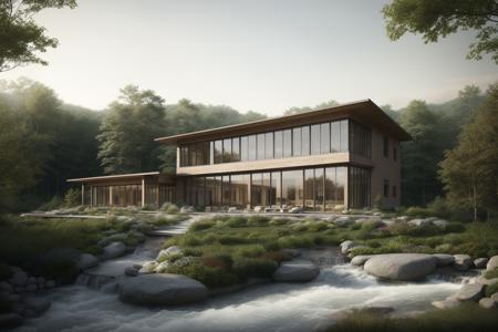 ((Best quality)), ((masterpiece)), ((realistic)), imagine a majestic stone construction spanning across a serene forest stream, serving as a remarkable connection amidst nature. Picture an organic and rustic architectural design that harmonizes with the tranquil woodland surroundings. The stone building showcases a timeless blend of strength and elegance. Visualize the structure gracefully bridging the stream, with soft natural light illuminating its textured surface, accentuating its natural beauty. As the artist, utilize architectural design and digital rendering techniques to bring this concept to life. Embrace an earthy color scheme inspired by the natural tones of stone, capturing the hues and textures that enhance the composition. Let the artwork evoke a sense of awe and wonder, capturing the magnificence of the stone construction as it seamlessly integrates with the forest environment and spans across the flowing stream