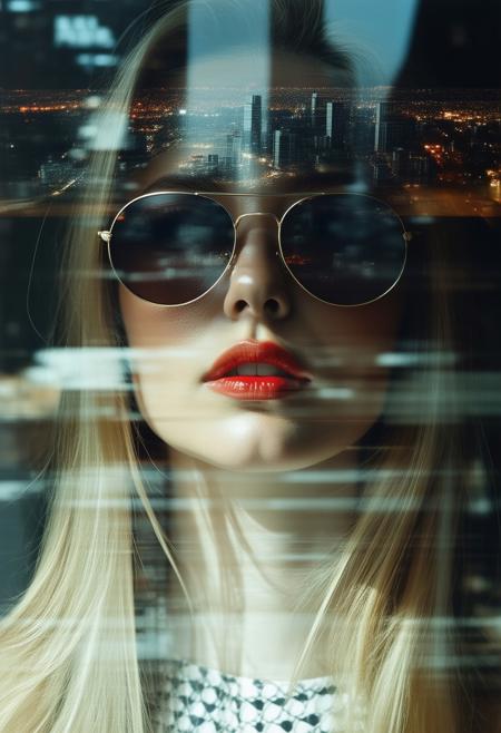 double exposure, crisp lines, Japanese cityscape below closeup portrait of stunning japanese woman, blonde loose hair, red lips, mirrored aviator sunglasses, directional lighting, dark background, crisp, atmospheric
