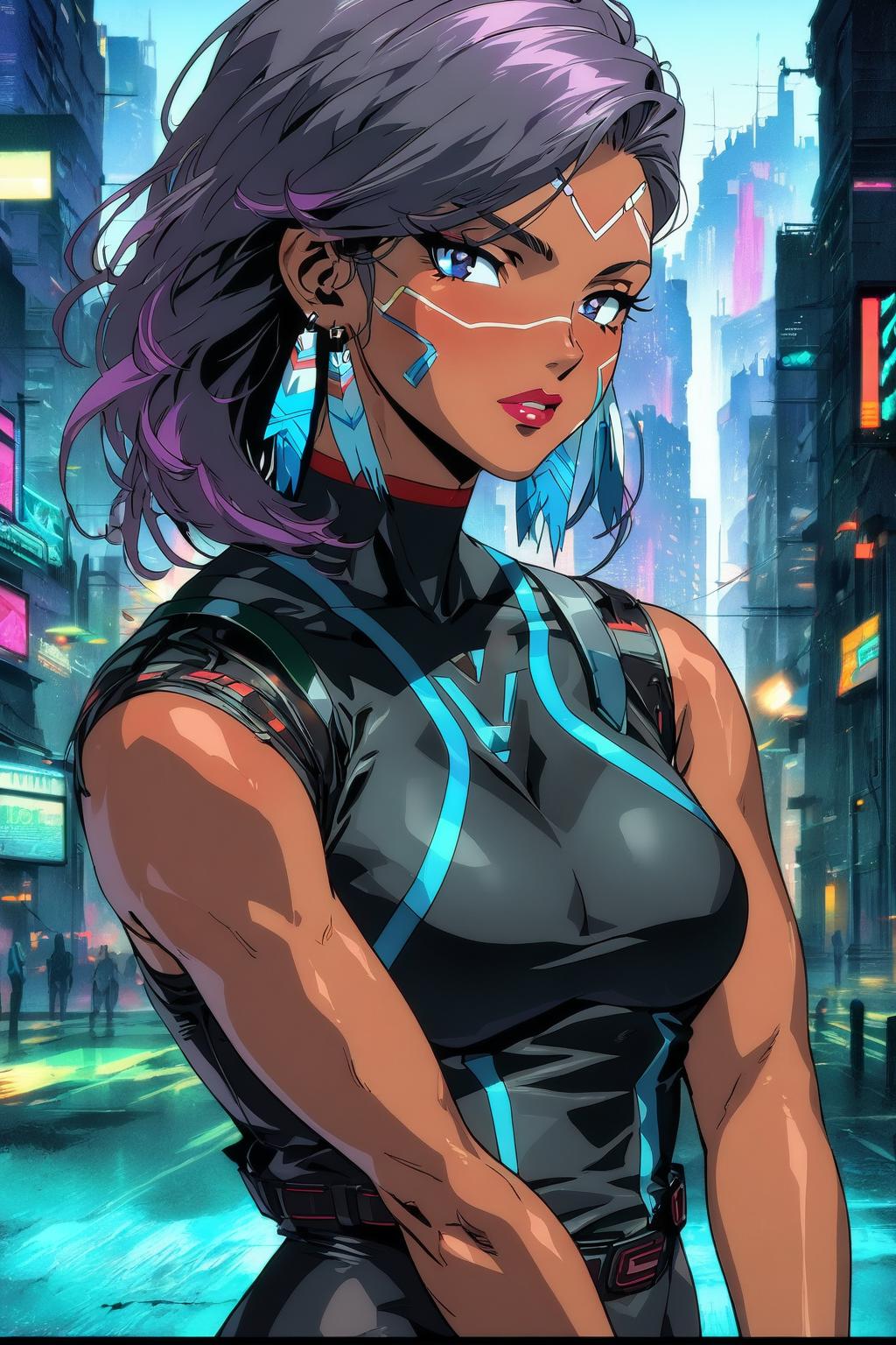 one native-american woman, (((tanned skin))), sci-fi, cyberpunk, sexy bodysuit, (((partially clothed))), ultra quality, urban landscape, detailed, detailed background, (((masterpiece))), (((90s anime style))), (((uncesored))), (((sexy pose))), (((portrait)))