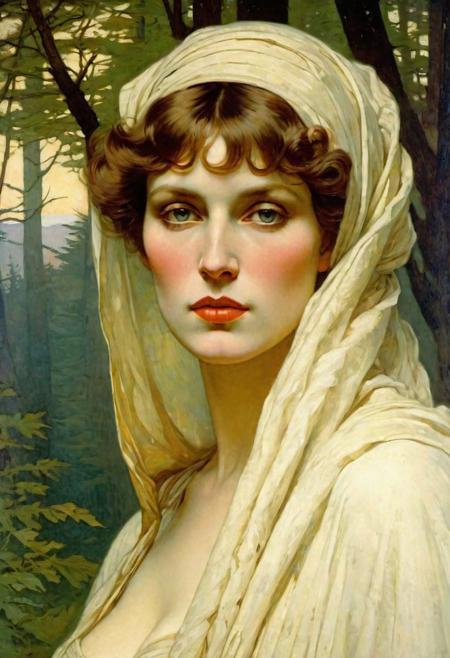 by John Harris and Gwen John and Caspar David Friedrich and Alphonse Mucha, (illustration from pulp magazine:1.4), portrait of a majestic woman, soft lips, detailed face, mullet-cut, bedroom eyes, ((forest colours)), facing viewer, line weight, masterpiece, highly detailed, elegant, intricate, painterly, bare chest, (beautiful highly detailed face partially covered in mummy bandages,ancient Egyptian fantasy style, ratty bandage clothing elegant,ancient Egyptian themed jewelry:1.5)