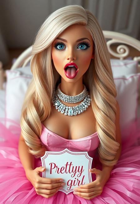 a professional photo of a hair model who looks like a Barbie doll, extremely long straight blonde hair curled at the ends, side parted hair, big blue eyes, pink tutu, wide rhinestone choker, lying on her back in a princess bed, holding a small sign at her waist with fancy red text "pretty girl", mouth open wide and tongue out, shocked expression
