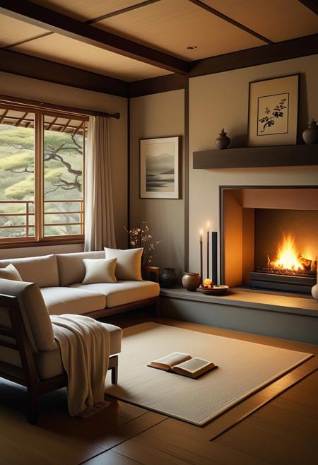 (masterpiece, best quality),  A peaceful living room scene with a glowing fireplace, soft blankets, and a good book., 
Japanese symbolism, muted colors, delicate brushwork, mystical themes, serene compositions, traditional motifs, flowing lines, natural elements, introspective mood, soft gradients, ethereal atmosphere, poetic expression, mythological undertones, refined elegance, dreamlike quality