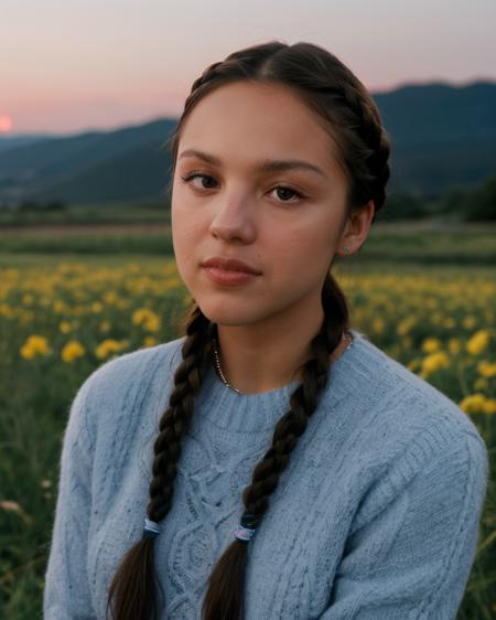 front on closeup portrait of olivrod, looking at viewer, in field of flowers, hills, dusk, twilight, wearing light blue sweater, braided hair  <lora:olivrod:1>,