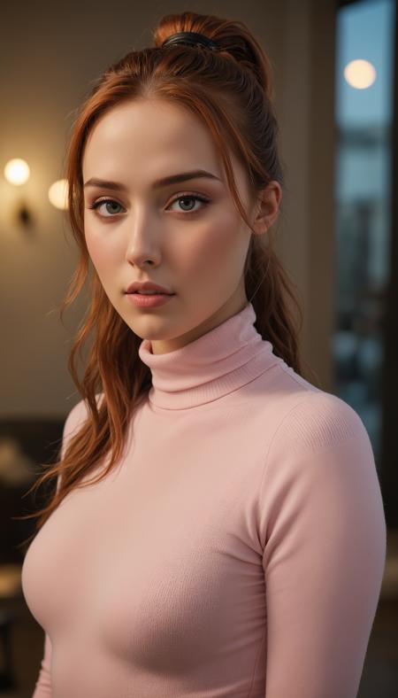 Swedish supermodel,stunning beauty model,big beautiful eyes,red hair in a high ponytail,light pink sweater,black latex leggings,long sleeves,turtleneck,stunning body,long legs,slim waist,happy,stunning studio photography,no contrast,Vogue photography,
bokeh,f1.4,40mm,photorealistic,raw,8k,textured skin,skin pores,intricate details,<lora:epi_noiseoffset2:1>,<lora:crowd_notrigger:1>,BeyondSDXLv3,<lora:bright_blue_eyes:1>,, ultra quality, ultra detailed, intricate details, 8k, hdr, epic realistic, tilt-shift, Bokeh, dramatic light, dynamic lighting, golden hour, moody lighting, night time, shadow, award-winning, ultrarealistic, octane<lora:WildcardX-XL-Detail-Enhancer:1><lora:WildcardX-XL-Detail-Enhancer:1><lora:WildcardX-XL-Detail-Enhancer:1><lora:WildcardX-XL-Detail-Enhancer:1>