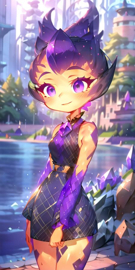 (best quality, masterpiece, detailed face, beautiful detailed eyes), <lora:EmberElementalV2:1>, Ember, girl made of ((purple)) fire, 1girl, (solo),narrow waist, long eyelashes, detailed face, detailed eyes, standing in a park with crystals around, lake and a modern city in the background,