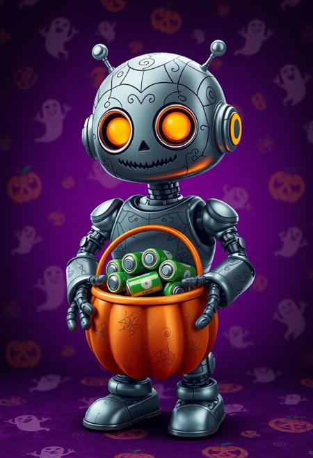 A hyper-stylized image of a spooky and cute Halloween robot, with a shiny, metallic body and glowing, orange eyes. The robot is holding a little pumpkin candy pail, but instead of candy, the pail is filled with AA batteries. The batteries are stacked up in a neat, little pyramid, with a few loose ones spilling out of the pail. The robot's body is adorned with intricate, swirling patterns of cobwebs and spiders, adding to the overall Halloween theme. The background is a deep, rich purple, with a subtle, textured pattern of jack-o'-lanterns and ghosts, adding to the overall sense of spooky, whimsical charm. The robot's expression is one of playful, mischievous innocence, as if it's enjoying the thrill of trick-or-treating, but with a twist. highest-Quality, intricate details, visually stunning, Masterpiece