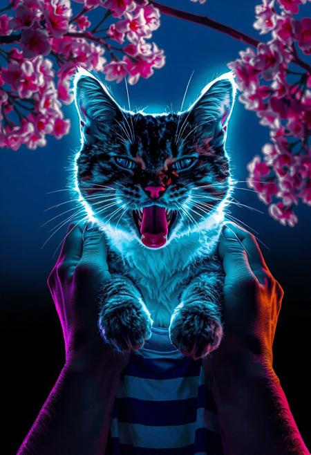 JNANX,luminous white silhouette,cyan glow,emerald highlights,flickering outline,dreamlike movement,rippling colors,drifting embers,infinite black background,psychedelic colors,ethereal,futuristic surrealism,gw,glowing,night,night sky,trippy,
"A tabby cat with visible sharp teeth and a pink tongue is held up by two hands wearing a blue and white striped shirt. The cat's eyes are squinted, and it appears to be meowing or hissing. The background is a bright blue sky with blossoming pink and white flowers on tree branches."