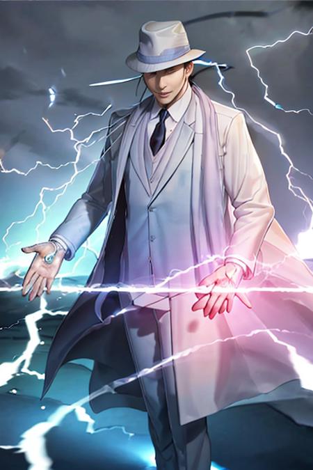 photorealistic, 1boy,<lora:Chara_kimblee:1>, upper body, aura, blue_fire, electricity, energy, fire ,(exposure:1.3), hat, lightning,  necktie, outstretched_arm, outstretched_hand, pants, smoke