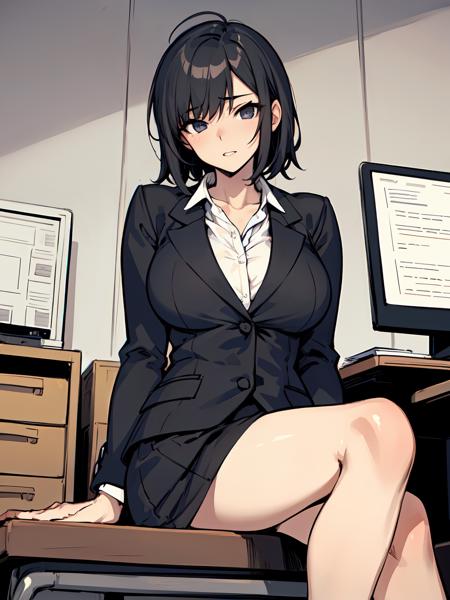 ((masterpiece:1.2, best quality)), 1milf, solo, (suit, office girl), black hair, short hair, seduce