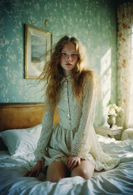 masterpiece, Fashion photo in the style of David Hamilton , halve body shot of Russian model 1girl (18yo), freckle: 0.5, boudoir bedroom location, sunny,  long wild windy dark blonde hair,  eye catchlights, futuristic, nostalgic victorian vibrant colour outfit, analog film,