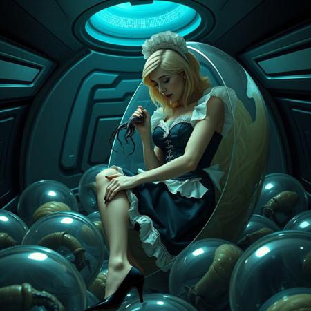Blonde French maid in a flirty, corseted black satin maid outfit with white ruffles, lace trim, and a sparkling silver brooch, paired with high heels, helpless and contorted in a slimy, transparent xenomorph egg, its translucent walls revealing sticky, liquid-like tendrils. A facehugger latched onto her porcelain-like face, as she's curled up in agony, amidst a nest of similar, giant transparent eggs containing dormant maidens. The eerie, dimly-lit UFO interior serves as a backdrop, with metallic walls, sci-fi panels, and an observation blister glowing with an otherworldly blue light. Inspired by H.R. Giger's dark, biomechanical style and the horror of the Alien franchise, with a cinematic, film-noir aesthetic.assistant  In a sleek, dimly-lit, metallic UFO cabin interior observation blister illuminates with a blue glow envelope giant eggs, transparent walls, encased beauties, milky bio-secrets. Dark Alien-esque setting in style of H.R. Giger Yamaguchi and Andy Park live-action photorealistic atmospheric cinematic masterpiece - constituted with textured film-like grain grainy vignette. On-set, cinematic movie lighting, 35mm 2.35:1 theatrical movie frame saw-tooth audio speakers torn dark muted moody synthesizer ambiance crashes when the floating vaporous security sensor alarm fails