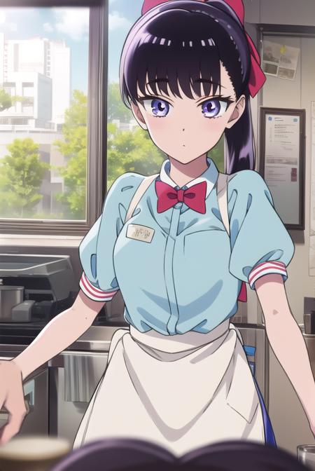 akiratachibana, <lora:akiratachibana-lora-nochekaiser:1>,
akira tachibana, long hair, bangs, black hair, (purple eyes:1.1),
BREAK skirt, shirt, bow, ponytail, short sleeves, puffy sleeves, bowtie, uniform, apron, red bow, blue shirt, waist apron, waitress, employee uniform,
BREAK looking at viewer,
BREAK indoors, classroom,
BREAK <lora:GoodHands-vanilla:1>, (masterpiece:1.2), best quality, high resolution, unity 8k wallpaper, (illustration:0.8), (beautiful detailed eyes:1.6), extremely detailed face, perfect lighting, extremely detailed CG, (perfect hands, perfect anatomy),