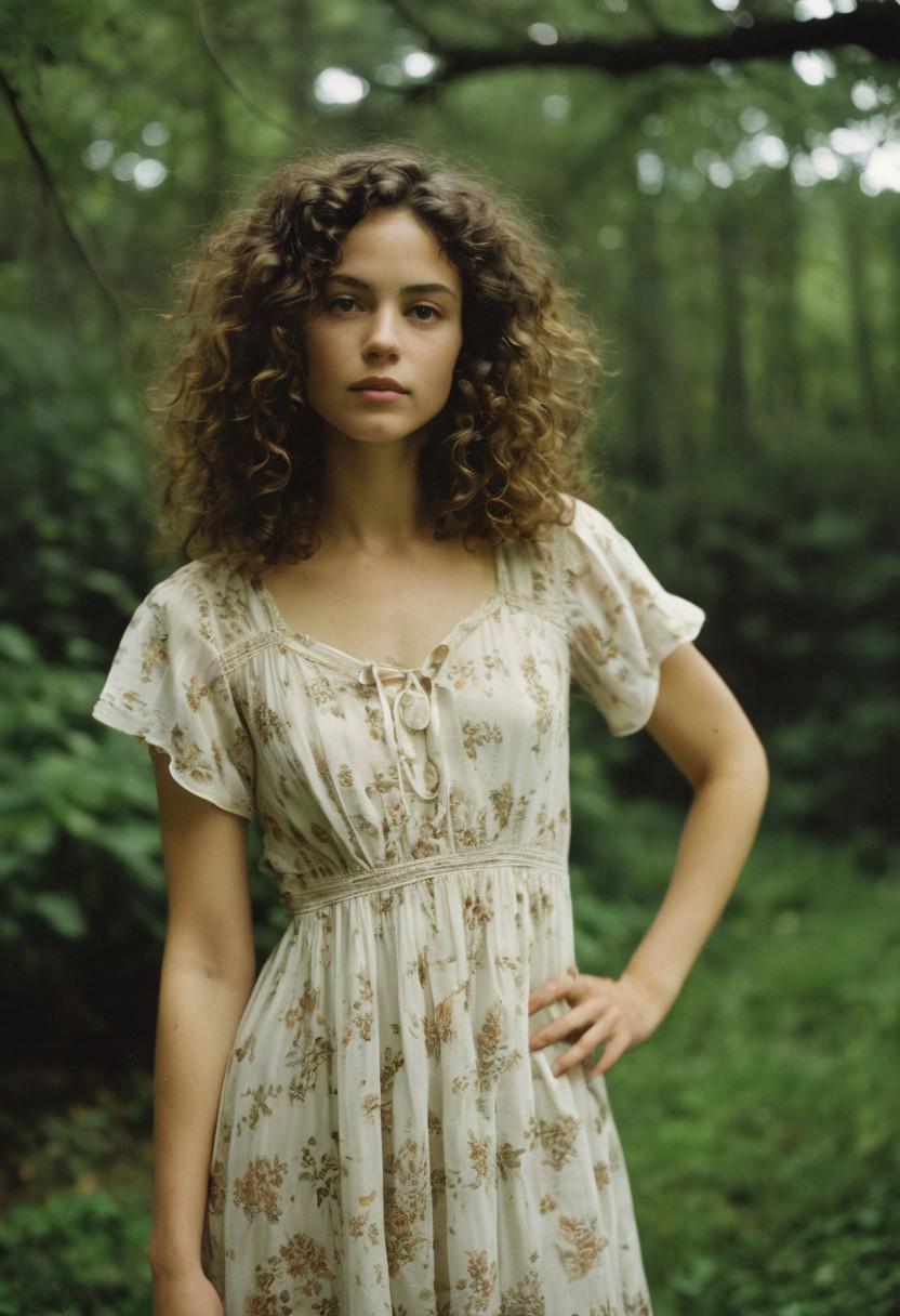 Analog photo portrait, taken with a vintage film camera, of Emily, a petite woman in her late twenties. She has curly brown hair and is wearing a flowy dress. The photo has a soft focus and warm tones, giving it a nostalgic feel. Captured by renowned photographer Sally Mann or Annie Leibovitz or Nan Goldin or Cindy Sherman.