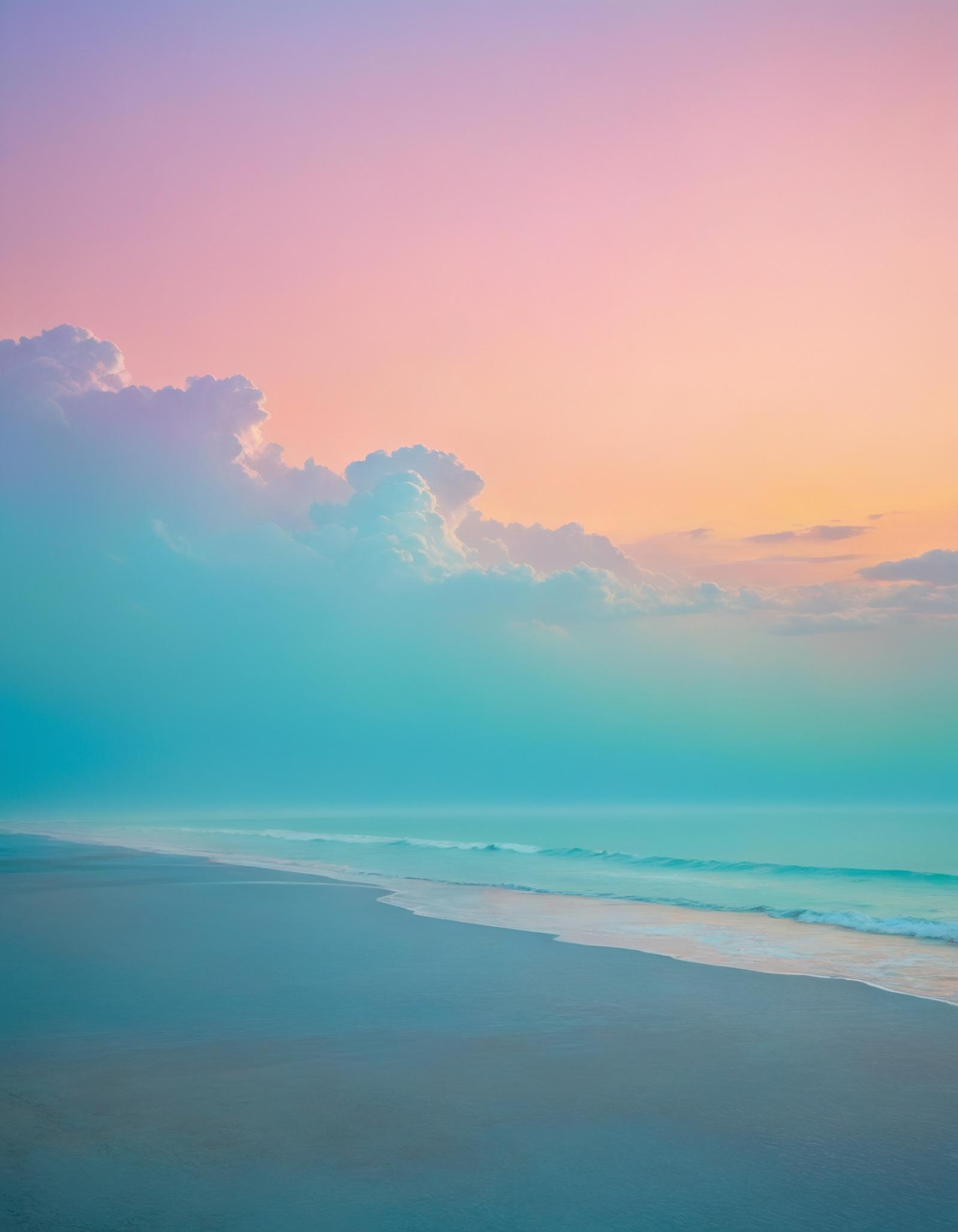 A picturesque beach scene with a pink and blue sky and waves.