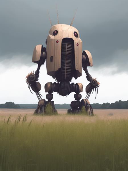 <lora:21Stalenhag:1>a giant robot standing in a field of tall grass by Simon Stalenhag