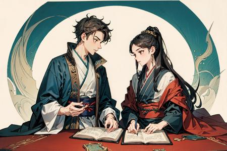 (best quality), oriental detailed background,girl with man , alchemist,