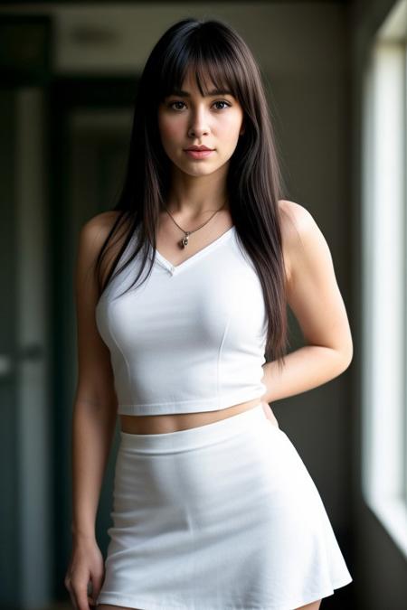 score_9, score_8_up, score_8, 1girl, solo, perfect face, light blue eyes, boot heels, formal white shirt, black skirt, cowboy shot, small breasts, long black hair, red highlights, elegant ponytail, bracelet, necklace, parted bangs, hand on hip, refined, volumetric lighting, cinematic lighting, blurry background, close up