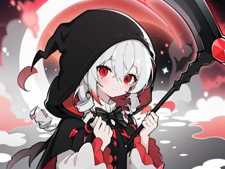 <lora:tebolika_lion-0000010:1>,1girl,scythe,red eyes,solo,holding scythe,bangs,holding,hood,looking at viewer,white hair,drill hair,moon,shirt,hair between eyes,white shirt,black cape,closed mouth,twin drills,long sleeves,full moon,hood up,sky,long hair,bow,weapon,red sky,upper body,flower,red moon,cape,holding weapon,cloak,cloud,