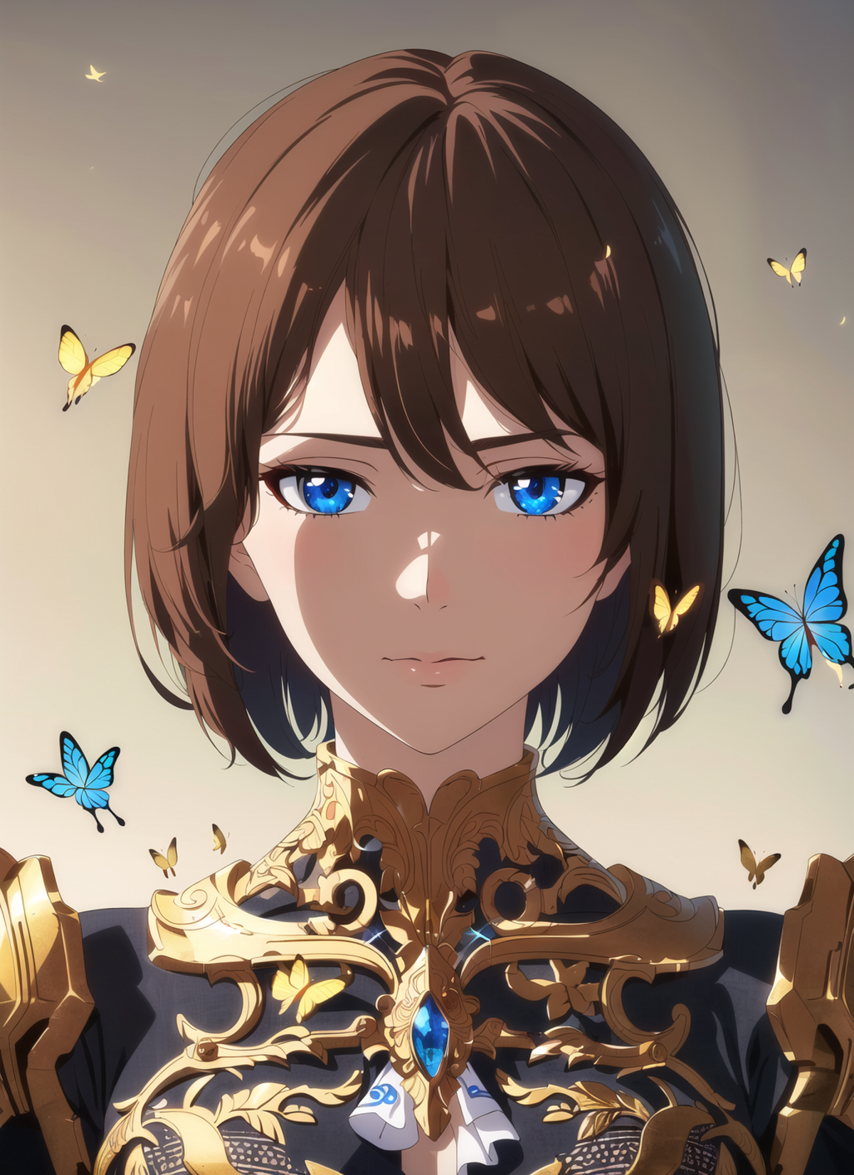 A woman with blue eyes is surrounded by blue butterflies.