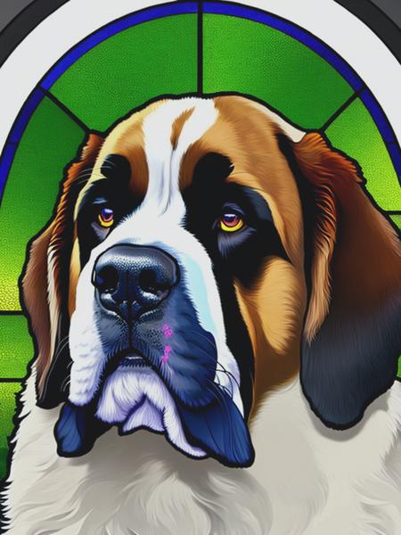 <lyco:StainedGlassPortrait:1.0> hd vector stained glass portrait cute Saint Bernard, highly detailed, clean sharp focus, ultra realism, 8k,