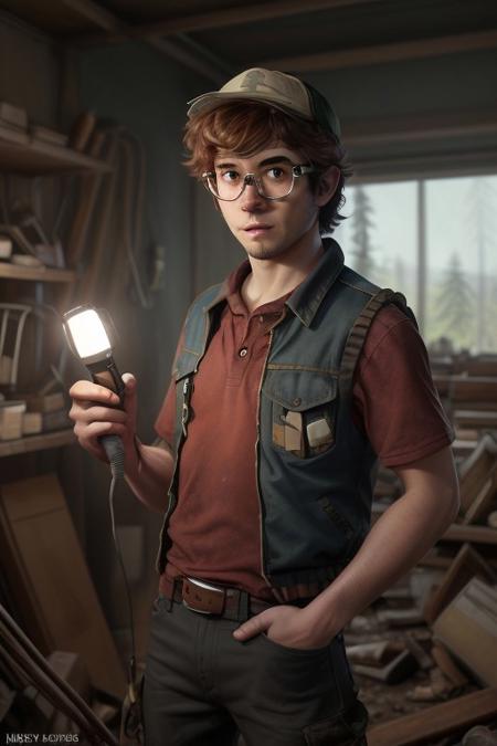dipper_pines, stubble, goatee, cowboy shot, khaki cap, ((skinny)), rectangle glasses, vest, (many pockets), wrench stick from pocket, holding mechanical flashlight, wires, (antenna, blue electrical tape), brown eyes,  alarmed, view from below, looking to side, red shirt, abandoned facility, Clutter-Mechanical,   <lora:add_detail:1>,  <lora:dipper_pines:0.65>