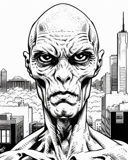 comic book inking monochrome, ink drawing, professional three quarter portrait of bald  alien <lora:Gaz_Ink_Test:1>   <lora:EdobAlienMale_v1.0:.7> on an alien city world