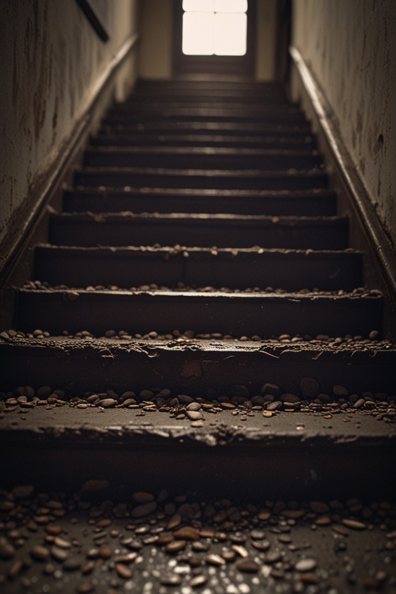 A dimly lit staircase filled with numerous stones scattered across each step. A window at the top of the staircase provides a natural light source, casting a contrast between light and shadow that adds depth to the scene. 