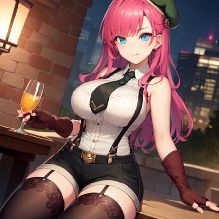 (masterpiece:1.2),best quality,high resolution,unity 8k wallpaper,(illustration:0.8),(beautiful detailed eyes:1.6),extremely detailed face,extremely detailed CG,intricate details,high detailed,ultra-detailed,patio,lady,solo,large breasts,gloves,suspenders,shorts,long hair,necktie,seductive smile,beret,pink hair,fingerless gloves,blue eyes,black thighhighs,sleeveless,shirt,suspender shorts, <lora:TNT-Novice femaleV1.6:0.6>