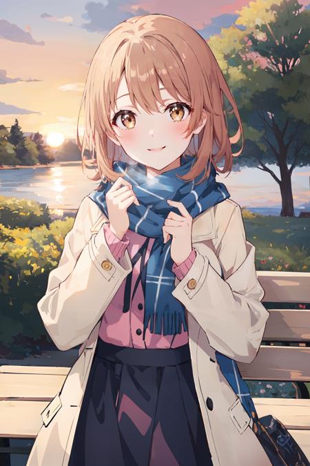 (masterpiece, best quality:1.4), looking at viewer, cowboy shot, smile, blush, iroha isshiki, short hair, coat, scarf, outdoors, bench, sunset, trees, <lora:iroha_isshiki_v1:0.7>