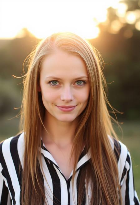 woman with long brown hair. She looks straight at the camera and smiles slightly. She has blond skin and expressive green eyes. A woman is wearing a shirt with vertical black and white stripes. Background nature, lighting is soft, sunset.