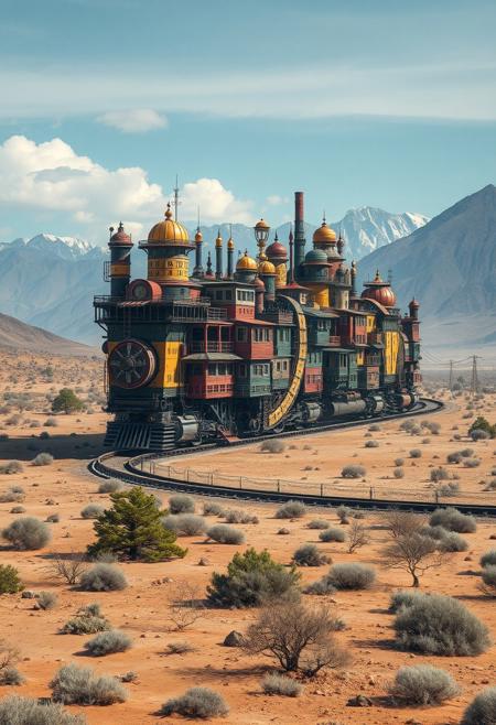 a fabulous moving city, its many colourful levels mounted on gigantic tracks, moves slowly across a barren plain, with a few stunted trees and bushes, it's heading for a wide gap in the mountains that sit on the horizon.  Steampunk mortal engines. A mesmerizing, high-contrast, vivid cinematic photograph, ultra hd, realistic, vivid colors, highly detailed.