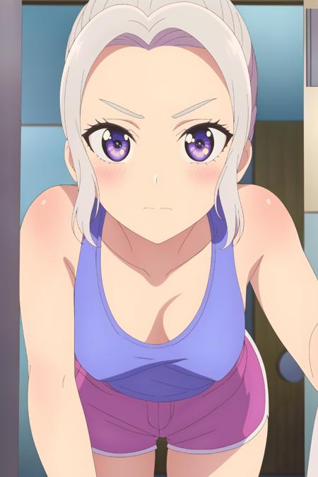 ((best quality)),((highly detailed)),masterpiece,absurdres,detailed face,beautiful face,(detailed eyes, deep eyes),(1girl),((dynamic pose)), <lora:ShinoV1.4:0.7>,shino, white hair, 1girl, solo, purple eyes, skirt, looking at viewer,tank top, dolphin shorts, <lora:dolphin_shorts_v0.1:0.6>, <lora:MirrorSelfieLora:0.8>, anime, mirror selfie, holding phone